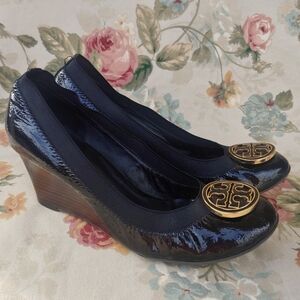 Tory Burch Caroline Black Patent Leather Women's Wedge Shoes size 8.5